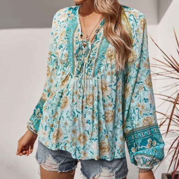 Boho Gypsy Floral Print Blouse Top teal - Picture 5 of 8